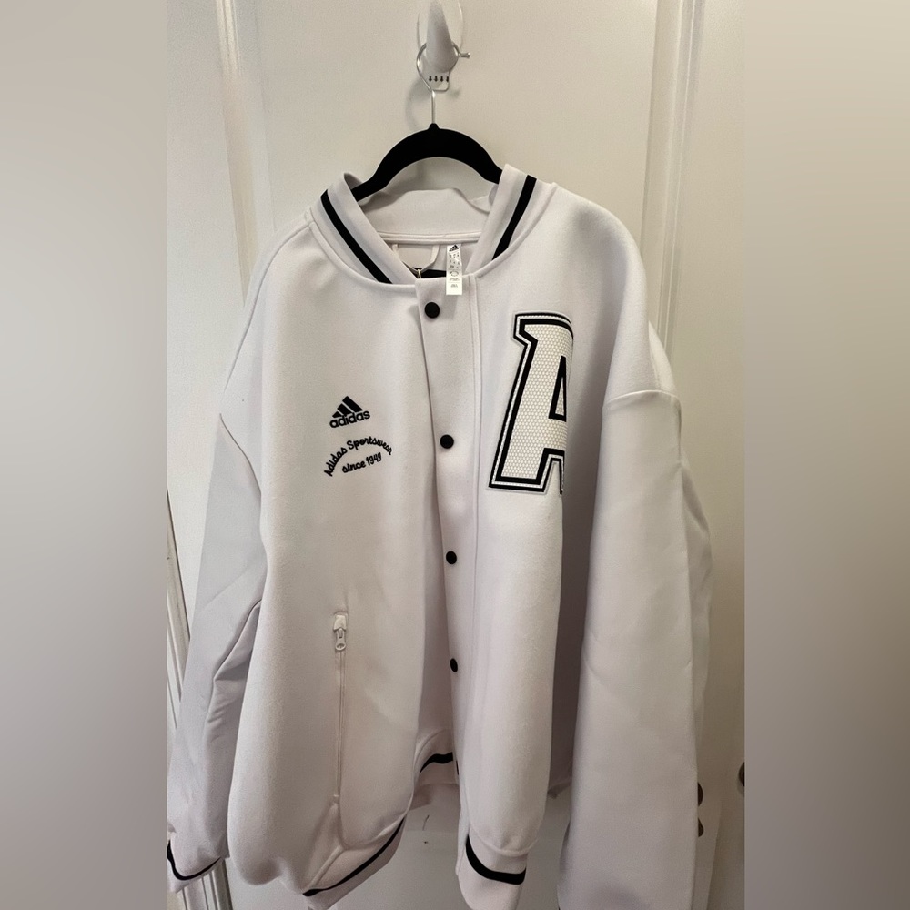 Unisex Adidas Varsity white with leather sleeves size xl
